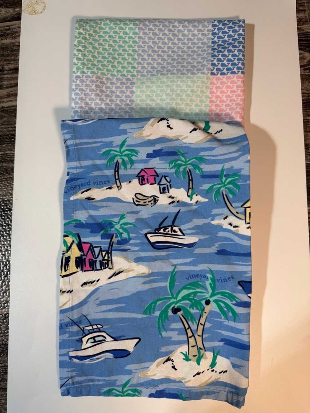 Vineyard Vines Blue Tropical Boat & Palm Print Kitchen Towel Set
